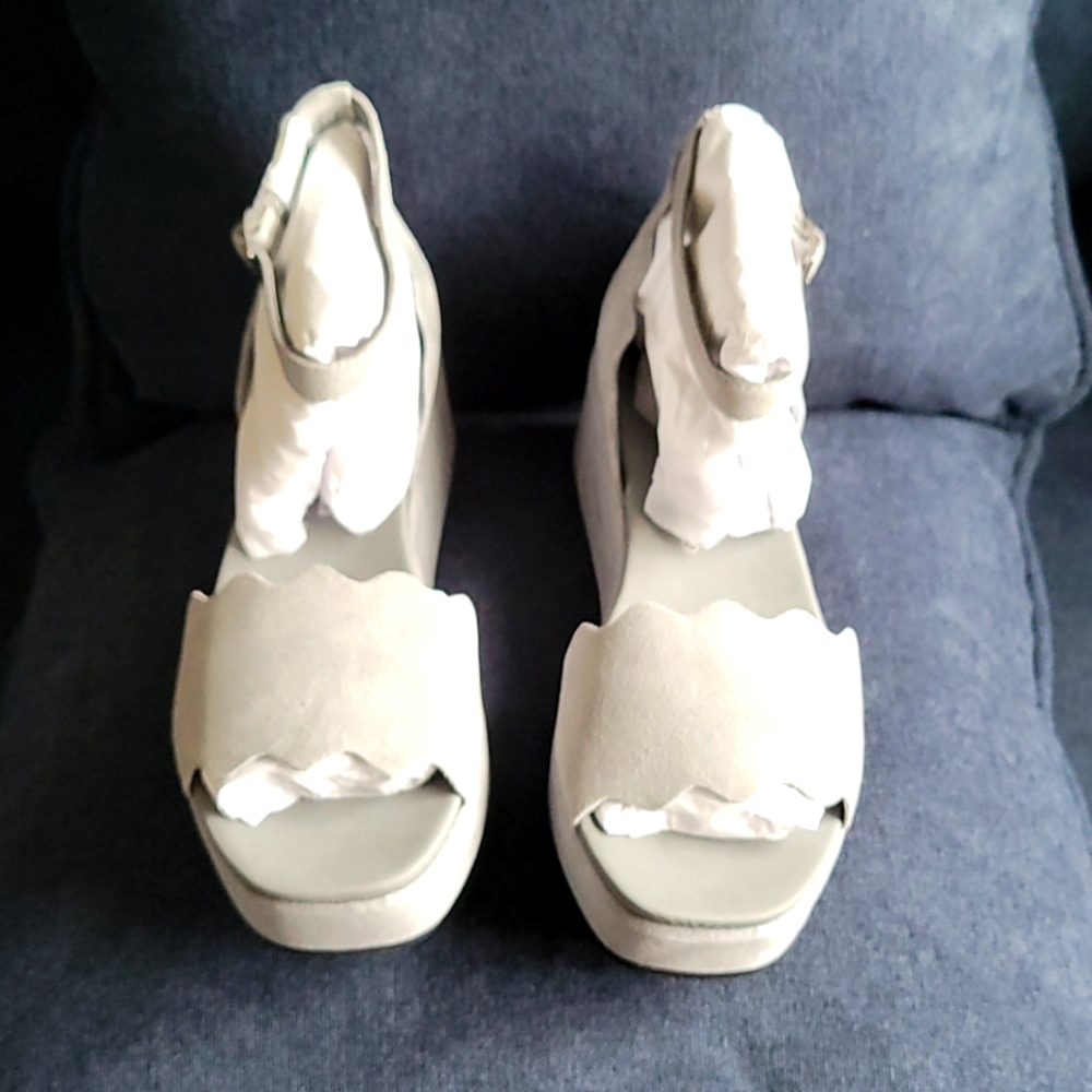 Nicole by Nicole Miller Gray Scalloped Wedge Sandals